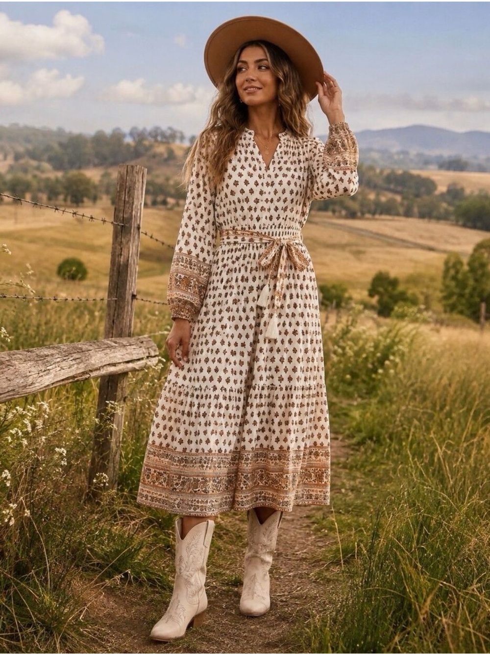 Cleobella Blakely Organic Cotton Woodblock Floral Midi Dress Boho Prairie Size S